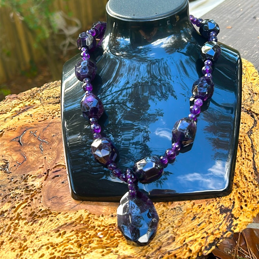 Real Amethyst Faceted Necklace Chunky  Beaded Pendant 14K Clasp Statement Purple